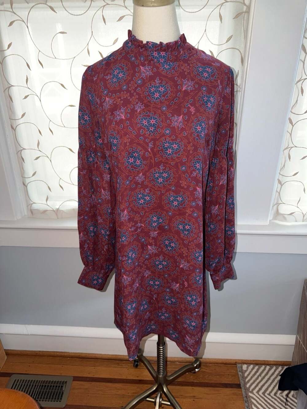 Derek Lam Collective Burgundy Floral Ruffle Mock Neck Long Sleeve Dress Size 40